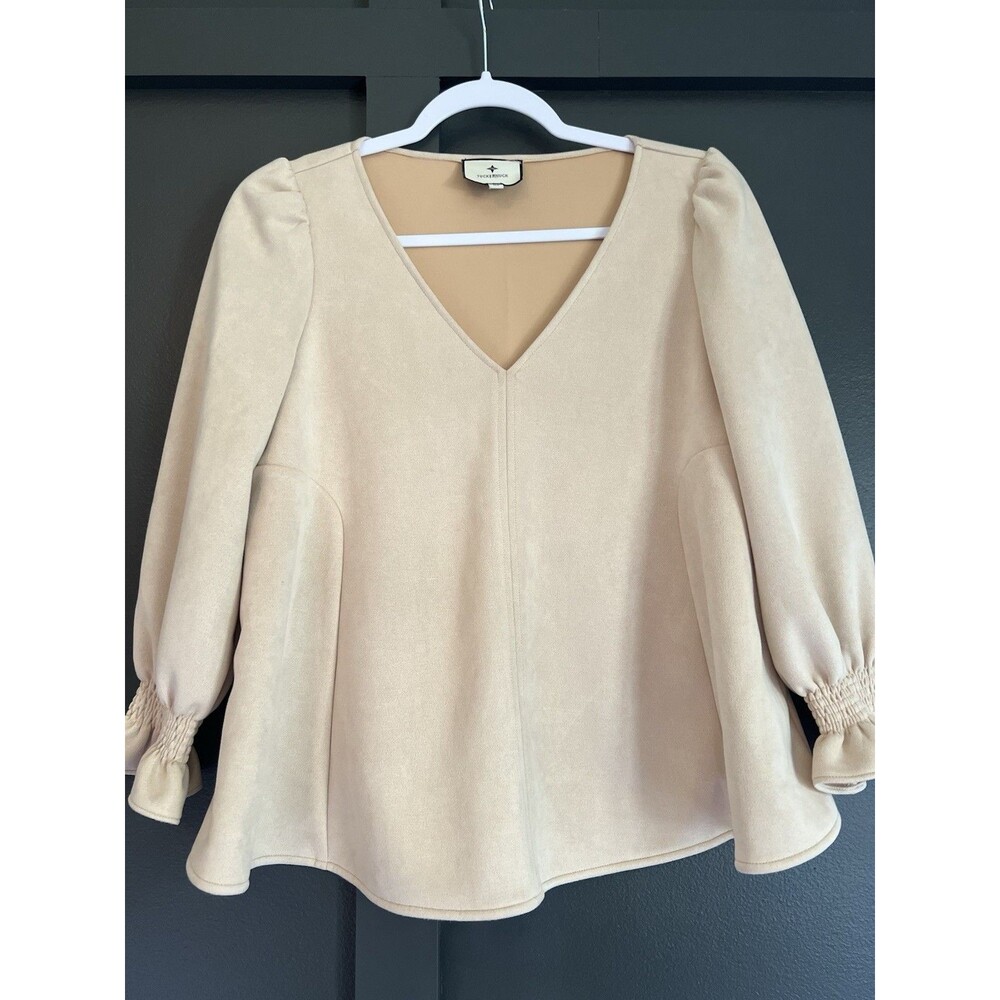 Tuckernuck Faux Suede Blouse TV-Neck Smocked Ruffle Sleeve Top XS